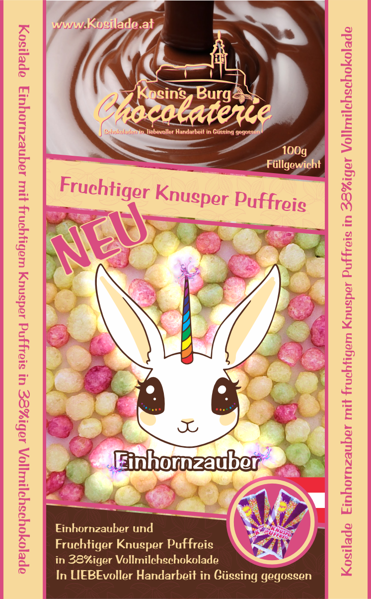 Einhornzauber - fruchtiger Knusper Puffmais Vollmilchschokolade • Ganze Tafel