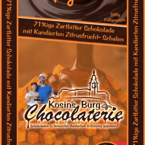 Shop Zitrusfrucht-Schale ZB 71% ZBS 71%ige Zartbitter Schokolade mit Kandierten Zitrusfrucht- Schalen • Ganze Tafel